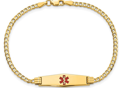 14K Medical Solid Chain/Solid Plate Soft Diamond Shape Centered Red Enamel Curb Link ID Bracelet (Style XM551CC-7)