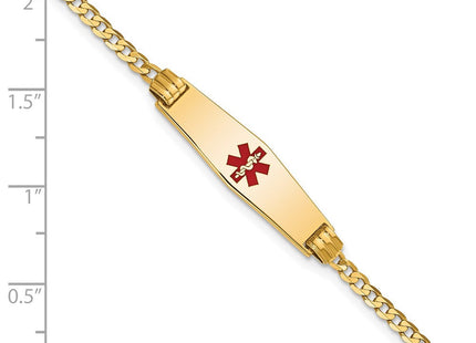 14K Medical Solid Chain/Solid Plate Soft Diamond Shape Centered Red Enamel Curb Link ID Bracelet (Style XM551CC-7)