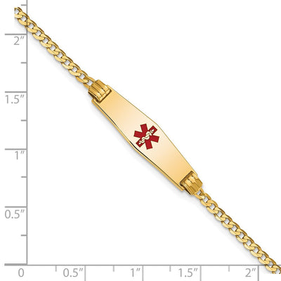 14K Medical Solid Chain/Solid Plate Soft Diamond Shape Centered Red Enamel Curb Link ID Bracelet, 7 x 7.5mm