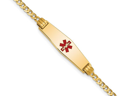 14K Medical Solid Chain/Solid Plate Soft Diamond Shape Centered Red Enamel Curb Link ID Bracelet (Style XM551CC-7)