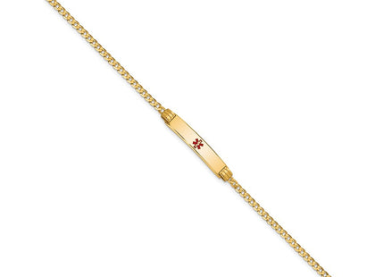14K Medical Solid Chain/Solid Plate Centered Red Enamel Curb Link ID Bracelet (Style XM551CR-7)