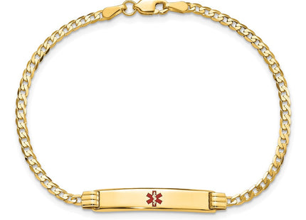 14K Medical Solid Chain/Solid Plate Centered Red Enamel Curb Link ID Bracelet (Style XM551CR-7)