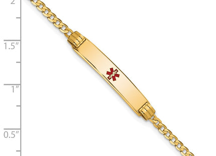 14K Medical Solid Chain/Solid Plate Centered Red Enamel Curb Link ID Bracelet (Style XM551CR-7)