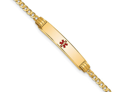 14K Medical Solid Chain/Solid Plate Centered Red Enamel Curb Link ID Bracelet (Style XM551CR-7)
