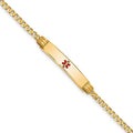 14K Medical Solid Chain/Solid Plate Centered Red Enamel Curb Link ID Bracelet, 7 x 5.5mm
