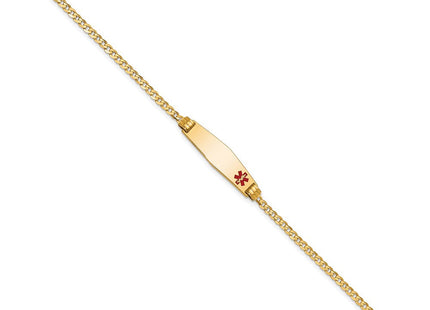 14K Medical Solid Chain/Solid Plate Soft Diamond Shape Off-Center Red Enamel Curb Link ID Bracelet (Style XM551FC-7)