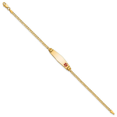 14K Medical Solid Chain/Solid Plate Soft Diamond Shape Off-Center Red Enamel Curb Link ID Bracelet, 7 x 7.5mm (FC-7)