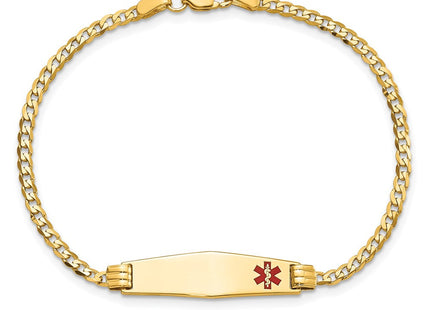 14K Medical Solid Chain/Solid Plate Soft Diamond Shape Off-Center Red Enamel Curb Link ID Bracelet (Style XM551FC-7)