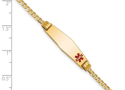 14K Medical Solid Chain/Solid Plate Soft Diamond Shape Off-Center Red Enamel Curb Link ID Bracelet (Style XM551FC-7)