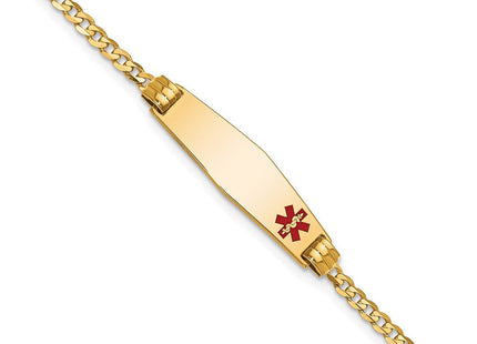 14K Medical Solid Chain/Solid Plate Soft Diamond Shape Off-Center Red Enamel Curb Link ID Bracelet (Style XM551FC-7)