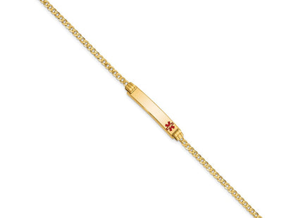 14K Medical Solid Chain/Solid Plate Off-Center Red Enamel Curb Link ID Bracelet (Style XM551FR-7)