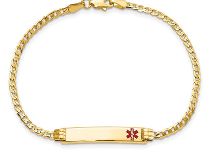 14K Medical Solid Chain/Solid Plate Off-Center Red Enamel Curb Link ID Bracelet (Style XM551FR-7)