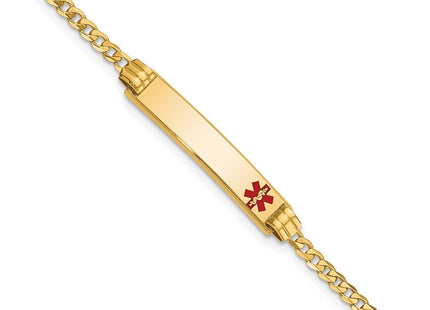 14K Medical Solid Chain/Solid Plate Off-Center Red Enamel Curb Link ID Bracelet (Style XM551FR-7)