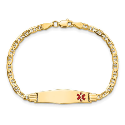 14K Medical Solid Chain/Solid Plate Soft Diamond Shape Off-Center Red Enamel Anchor Link Baby/Child ID Bracelet
