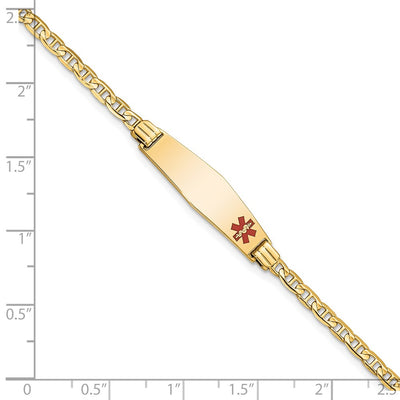 14K Medical Solid Chain/Solid Plate Soft Diamond Shape Off-Center Red Enamel Anchor Link Baby/Child ID Bracelet