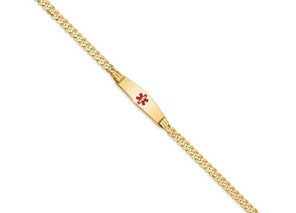 14K Medical Solid Chain/Solid Plate Soft Diamond Shape Centered Red Enamel Curb Link ID Bracelet (Style XM554CC-7)