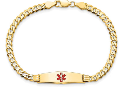 14K Medical Solid Chain/Solid Plate Soft Diamond Shape Centered Red Enamel Curb Link ID Bracelet (Style XM554CC-7)