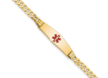 14K Medical Solid Chain/Solid Plate Soft Diamond Shape Centered Red Enamel Curb Link ID Bracelet (Style XM554CC-7)