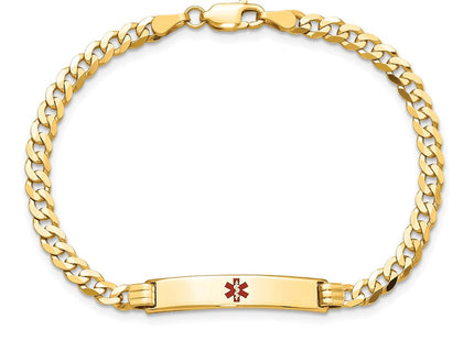 14K Medical Solid Chain/Solid Plate Centered Red Enamel Curb Link ID Bracelet (Style XM554CR-7)
