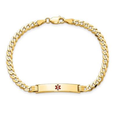 14K Medical Solid Chain/Solid Plate Centered Red Enamel Curb Link ID Bracelet, 8 x 5.5mm
