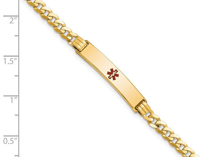 14K Medical Solid Chain/Solid Plate Centered Red Enamel Curb Link ID Bracelet (Style XM554CR-7)