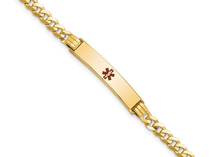 14K Medical Solid Chain/Solid Plate Centered Red Enamel Curb Link ID Bracelet (Style XM554CR-7)