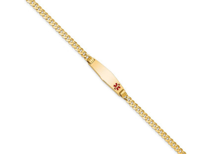14K Medical Solid Chain/Solid Plate Soft Diamond Shape Off-Center Red Enamel Curb Link ID Bracelet (Style XM554FC-7)