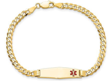 14K Medical Solid Chain/Solid Plate Soft Diamond Shape Off-Center Red Enamel Curb Link ID Bracelet (Style XM554FC-7)