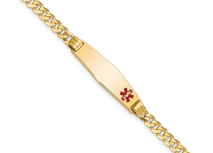 14K Medical Solid Chain/Solid Plate Soft Diamond Shape Off-Center Red Enamel Curb Link ID Bracelet (Style XM554FC-7)