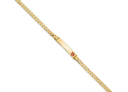 14K Medical Solid Chain/Solid Plate Off-Center Red Enamel Curb Link ID Bracelet (Style XM554FR-7)