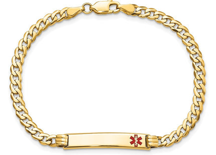 14K Medical Solid Chain/Solid Plate Off-Center Red Enamel Curb Link ID Bracelet (Style XM554FR-7)