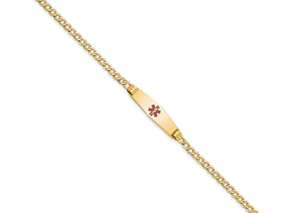 14K Medical Semi-Solid Chain/Solid Plate Soft Diamond Shape Centered Red Enamel Cuban Link ID Bracelet (Style XM557CC-7)