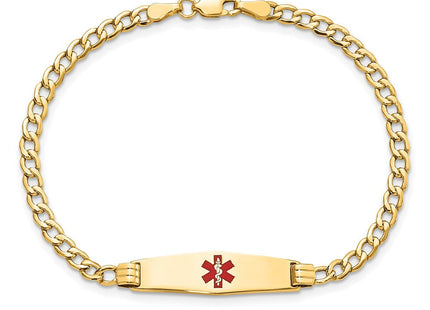 14K Medical Semi-Solid Chain/Solid Plate Soft Diamond Shape Centered Red Enamel Cuban Link ID Bracelet (Style XM557CC-7)