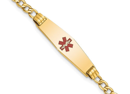 14K Medical Semi-Solid Chain/Solid Plate Soft Diamond Shape Centered Red Enamel Cuban Link ID Bracelet (Style XM557CC-7)
