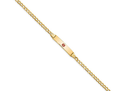 14K Medical Semi-Solid Chain/Solid Plate Centered Red Enamel Cuban Link ID Bracelet (Style XM557CR-7)