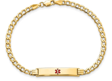 14K Medical Semi-Solid Chain/Solid Plate Centered Red Enamel Cuban Link ID Bracelet (Style XM557CR-7)
