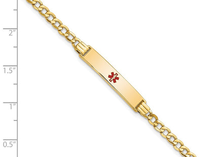 14K Medical Semi-Solid Chain/Solid Plate Centered Red Enamel Cuban Link ID Bracelet (Style XM557CR-7)