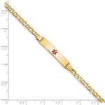 14K Medical Semi-Solid Chain/Solid Plate Centered Red Enamel Cuban Link ID Bracelet, 7 x 5.5mm view