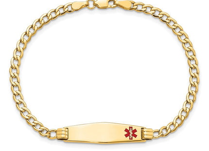 14K Medical Semi-Solid Chain/Solid Plate Soft Diamond Shape Off-Center Red Enamel Cuban Link ID Bracelet (Style XM557FC-7)