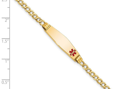 14K Medical Semi-Solid Chain/Solid Plate Soft Diamond Shape Off-Center Red Enamel Cuban Link ID Bracelet (Style XM557FC-7)