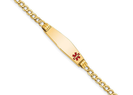 14K Medical Semi-Solid Chain/Solid Plate Soft Diamond Shape Off-Center Red Enamel Cuban Link ID Bracelet (Style XM557FC-7)