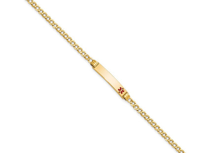 14k Medical Semi-Solid Chain/Solid Plate Off-Center Red Enamel Cuban Link ID Bracelet (Style XM557FR-7)