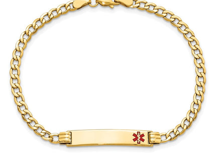 14k Medical Semi-Solid Chain/Solid Plate Off-Center Red Enamel Cuban Link ID Bracelet (Style XM557FR-7)