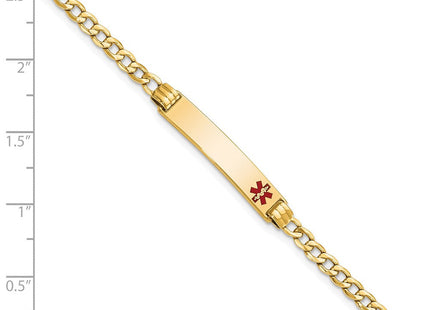 14k Medical Semi-Solid Chain/Solid Plate Off-Center Red Enamel Cuban Link ID Bracelet (Style XM557FR-7)