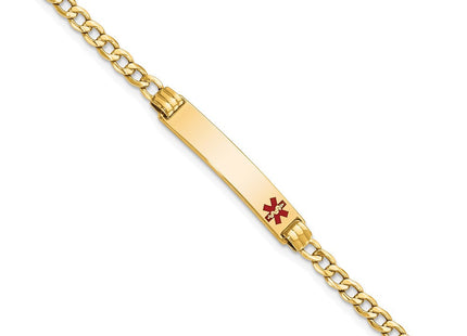 14k Medical Semi-Solid Chain/Solid Plate Off-Center Red Enamel Cuban Link ID Bracelet (Style XM557FR-7)