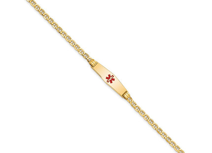 14K Medical Semi-Solid Chain/Solid Plate Soft Diamond Shape Centered Red Enamel Anchor Link ID Bracelet (Style XM558CC-7)