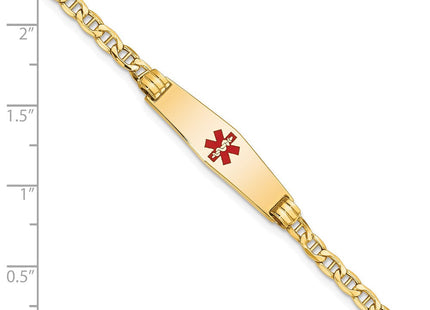 14K Medical Semi-Solid Chain/Solid Plate Soft Diamond Shape Centered Red Enamel Anchor Link ID Bracelet (Style XM558CC-7)