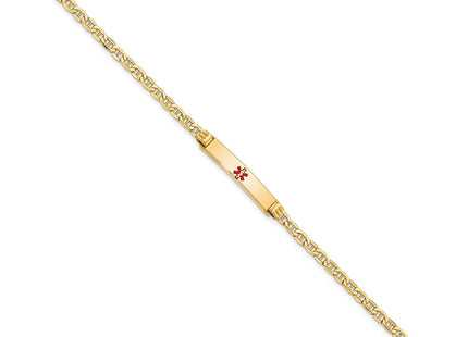 14K Medical Semi-Solid Chain/Solid Plate Centered Red Enamel Anchor Link ID Bracelet (Style XM558CR-7)