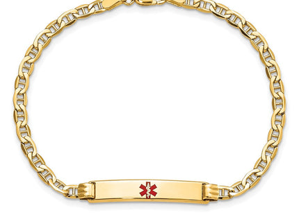 14K Medical Semi-Solid Chain/Solid Plate Centered Red Enamel Anchor Link ID Bracelet (Style XM558CR-7)