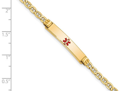 14K Medical Semi-Solid Chain/Solid Plate Centered Red Enamel Anchor Link ID Bracelet (Style XM558CR-7)
